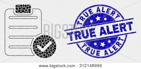 Pixelated Accept Pad Text Mosaic Icon And True Alert Stamp. Blue Vector Round Scratched Stamp With T