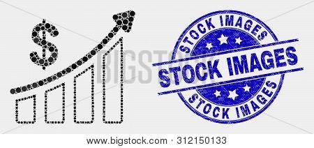Pixelated Success Financial Chart Mosaic Icon And Stock Images Seal Stamp. Blue Vector Round Texture