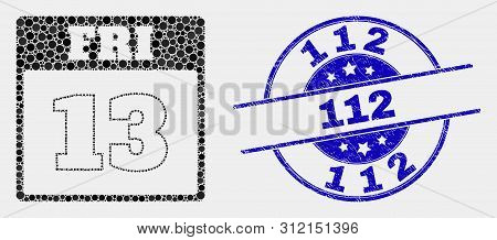 Pixelated 13th Friday Calendar Page Mosaic Pictogram And 112 Seal Stamp. Blue Vector Rounded Distres