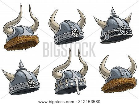 Cartoon Metal Viking Warrior Helmet With Horns, Fur And Runes. Isolated On White Background. Vector 