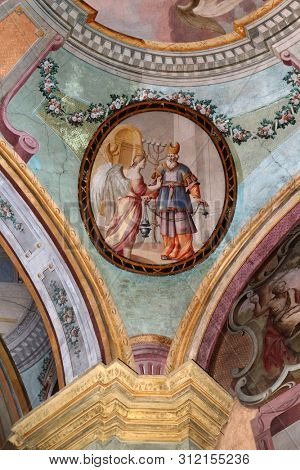 ZAGREB, CROATIA - MARCH 11: Zachariah with angel, fresco on the ceiling of the Saint John the Baptist church in Zagreb, Croatia, on March 11, 2017.