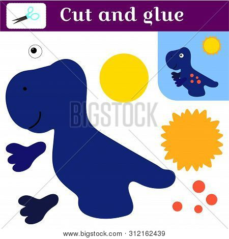 Application With A Dinosaur. Paper Game. Print, Cut And Glue. Blue Tyrannosaurus And The Sun. Simple