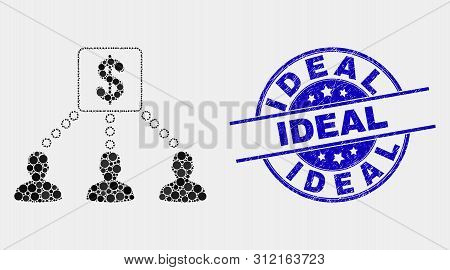 Pixelated Financial Clients Links Mosaic Icon And Ideal Seal. Blue Vector Round Distress Seal Stamp 