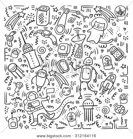 Space Doodles. Robot And Technic Doodles. Future Concept With Astronaut, Planets,spaceships. Univers