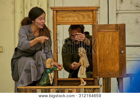 Prague, Czech Republic - July 17, 2019: Prague Street Theater Festival. Continuo Theatre. Natalia Va