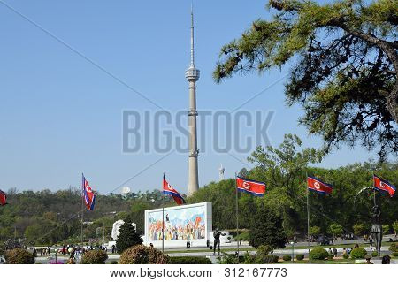 Pyongyang, North Korea - May 1, 2019: View On The  Pyongyang Tv Tower From The Kim Il Sung Stadium. 