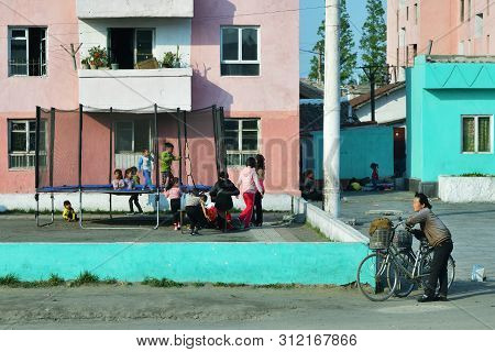 Wonsan, North Korea - May 4, 2019:  Street Scene   In Wonsan, One Of The North Korean Port On The Ea