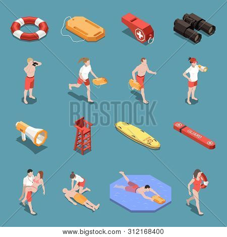 Isometric Icons Set With Male And Female Beach Lifeguards And Their Inventory 3d Isolated Vector Ill