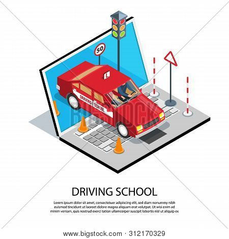 Isometric Driving School Online Training Composition With Editable Text Description And Images Of Co