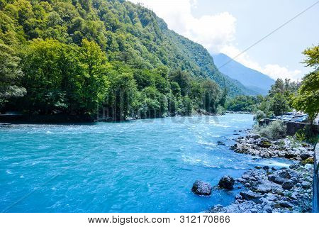 Blue River In The Mountains Of Abkhazia.