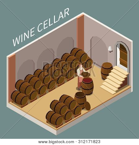 Isometric Wine Cellar With Lots Of Barrels And Vigneron 3d Vector Illustration