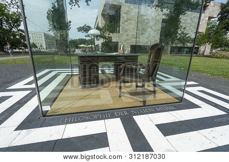 Frankfurt Am Main, July 2019.   The Adorno Desk Is A Monument In The Grand Park Of The Johann Wolfga