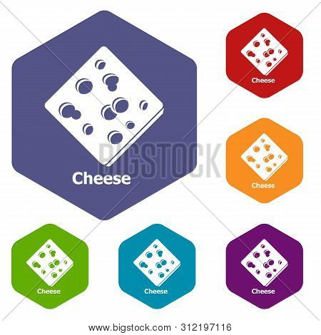 Cheese Icons Colorful Hexahedron Set Collection Isolated On White