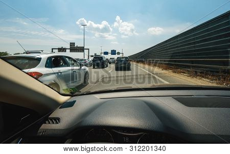 Paris, France - Jul 15, 2018: Driver Pov Personal Perspective And The Front Driving Renault Car In T