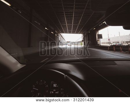 Driver Pov Personal Perspective Including The Steering Wheel And The Front Driving Cars Exiting The 