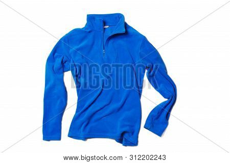 Blank Blue Zipped Fleece Sweatshirt With Long Sleeve Isolated On White Background. Design Sweater, T