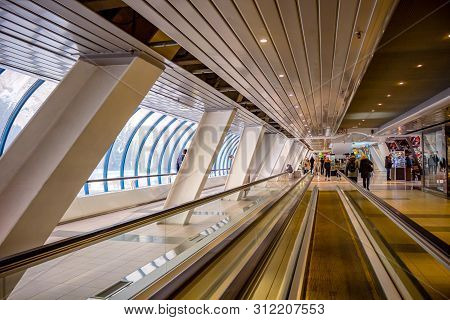 Moscow, Russia - January 2017: Moving Walkway Inside The Pedestrian Covered Bridge Bagration