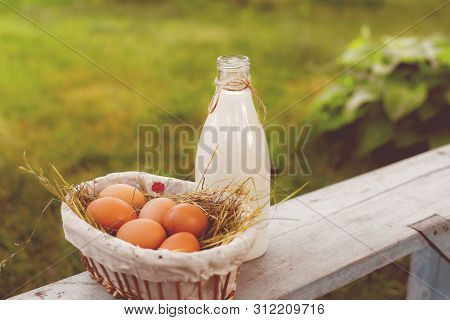 Healthy Fresh Dairy Products Of Milk And Eggs On The Farms