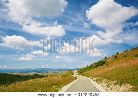 Bright Beautiful Day On Mountain Road, Colorful Environment During Summer.