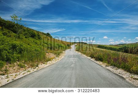 Bright Beautiful Day On Mountain Road, Colorful Environment During Summer.