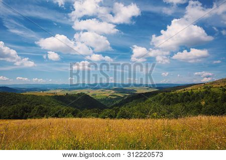Bright Beautiful Day On Mountain Field During Summer.