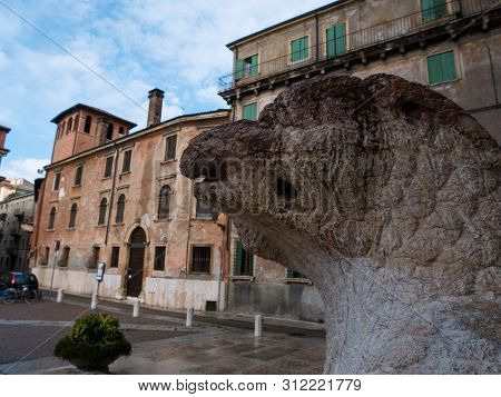 Cathedral Of Verona, External Romanesque Architecture With Bestiaries Carved In Marble