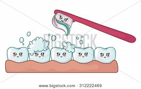 Happy Clean And Shining Kawaii Tooth With Soap Suds And Toothbrush - Cute Cartoon Characters On Whit