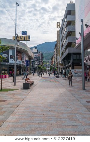 Escaldes-engordany, Andorra - June 3, 2019: Avenue Along Shops In Andorra.