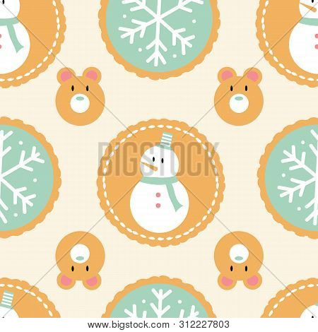 Seamless Pattern Of Winter Holiday Cookies With Snowmen, Snowflakes, And Bears On A Cream Background