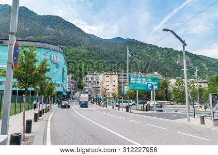 Escaldes-engordany, Andorra - June 3, 2019: Border Road Between To Two City In Andorra Country. Bord