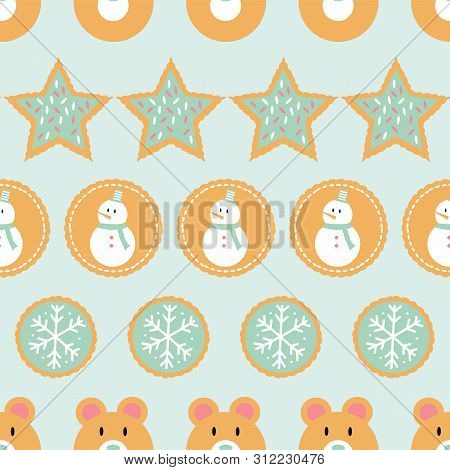 Seamless Pattern Of Winter Holiday Cookies With Snowmen, Snowflakes, Stars And Bears On A Mint Green