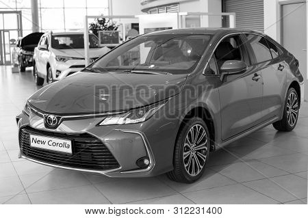 Russia, Izhevsk - July 18, 2019: Toyota Showroom. Modern New Car Toyota Corolla. Famous World Brand.