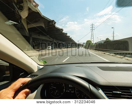 Paris, France - Jul 15, 2018: Driver Pov Personal Perspective And The Front Driving Volvo V70 Car In