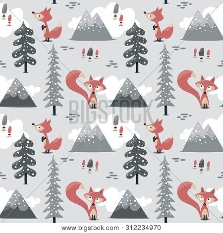 Seamless Cute Scandinavian Pattern Fox Tree Mountains