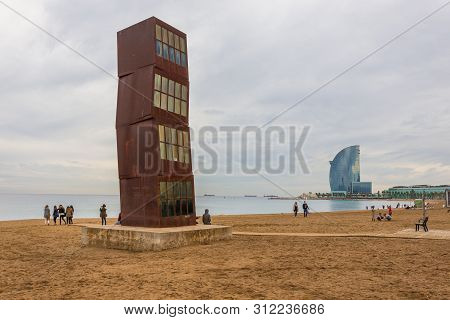 Barcelona, Spain- 09 November 2014: View Of La Estrella Herida, The Wounded Star, Monument Paying Ho