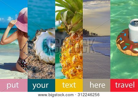 Collage Made With Beautiful Tropical Resort Shots. Five Pictures And Five Multicolored Cells For Tex