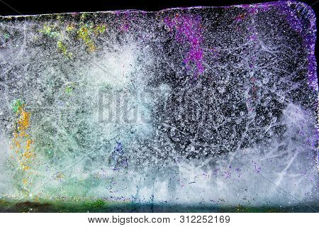 Colored Ice With Glitter, Melting. Multi Color Shining.