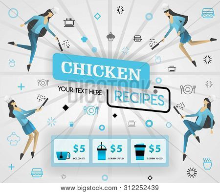 Blue Vector Illustration Concept. Chicken Recipes Recipes Cover Book.  Healthy Cooking Recipes And D