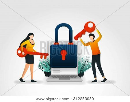Vector Illustration Concept. People Are Holding Key To Trying To Enter And Unlock Application Securi