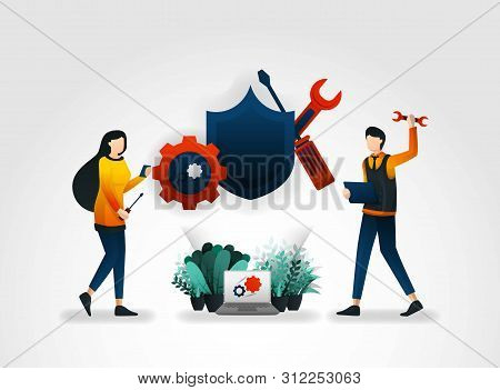 Flat Cartoon Character. People Are Repairing And Maintaining Security Systems With Tools And Shields