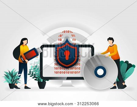 Flat Cartoon Character. People Protect Storage Devices Such As Flash Drives, Hard Disks, Compact Dis