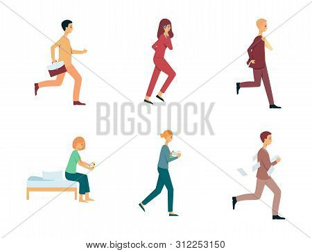 Set Of Business Men And Women Late For Work, Cartoon Character People Running Fast For Deadline,