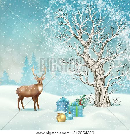 Christmas Winter Scene. Vector Snowy Landscape. Frosty Tree, Snow-covered Hills, Gifts Ahd Christmas