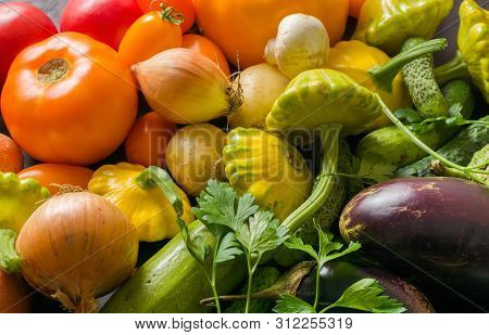 Summer Vegetables Of Different Colors. The Alternation Of Colors In A Rainbow. For Salad Or For A Ve