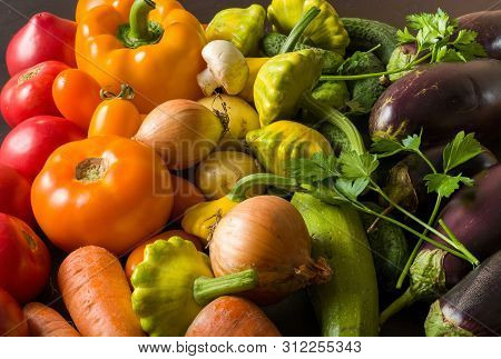 Summer Vegetables Of Different Colors. The Alternation Of Colors In A Rainbow. For Salad Or For A Ve