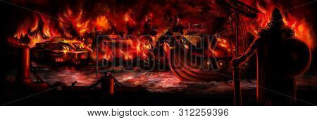 Illustration Background With A Viking, A Drakkar And A Burning Medieval Town