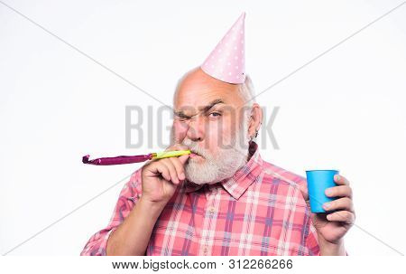 Ideas For Seniors Birthday Celebrations. Man Bearded Grandpa With Birthday Cap And Drink Cup. Grandf