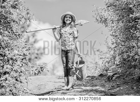 Gardening Tips. Spring Gardening. Girl Child Hold Shovel Watering Can. Spring Gardening Checklist. L