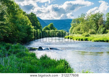 Llanwrst, Small Market Town In North Wales, United Kingdom, View Of The Buildings Overlooking River 