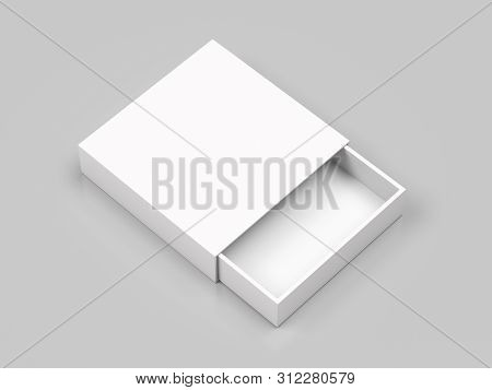Slider Box. White Blank Open Box Mock Up. On Gray Background. 3d Rendering Illustration.